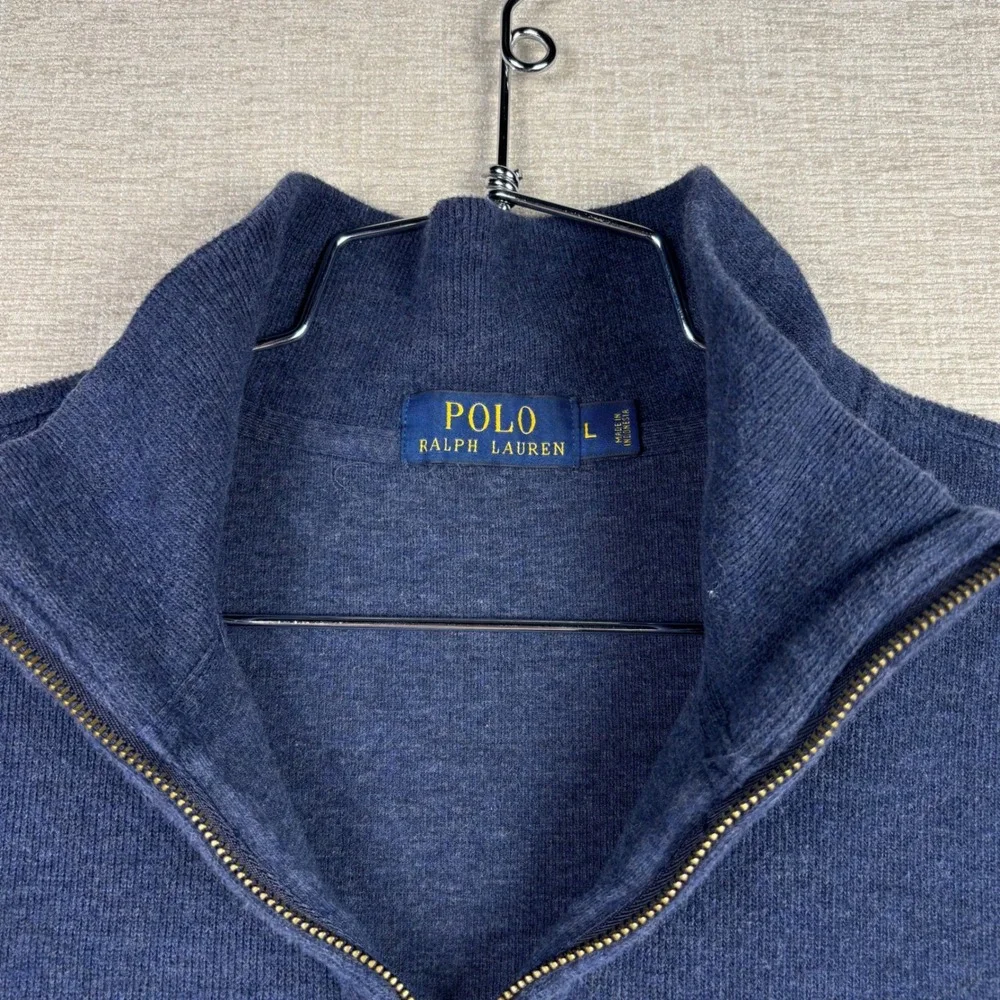 Polo Ralph Lauren Mens Blue Heather Quarter Zip Pullover Sweater Large Red Pony